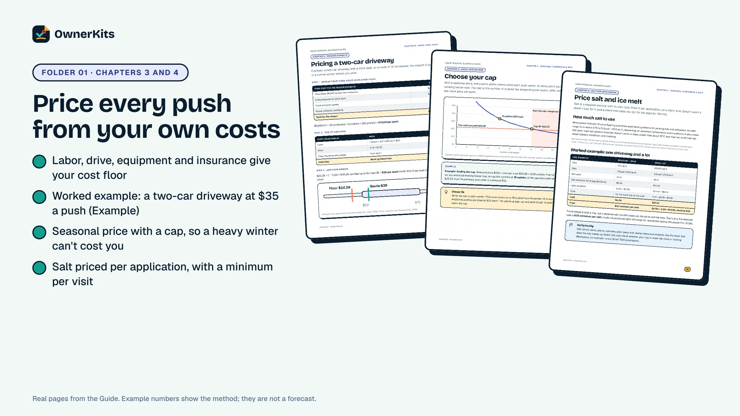 Guide pages: pricing a two-car driveway, choosing a seasonal cap and pricing salt