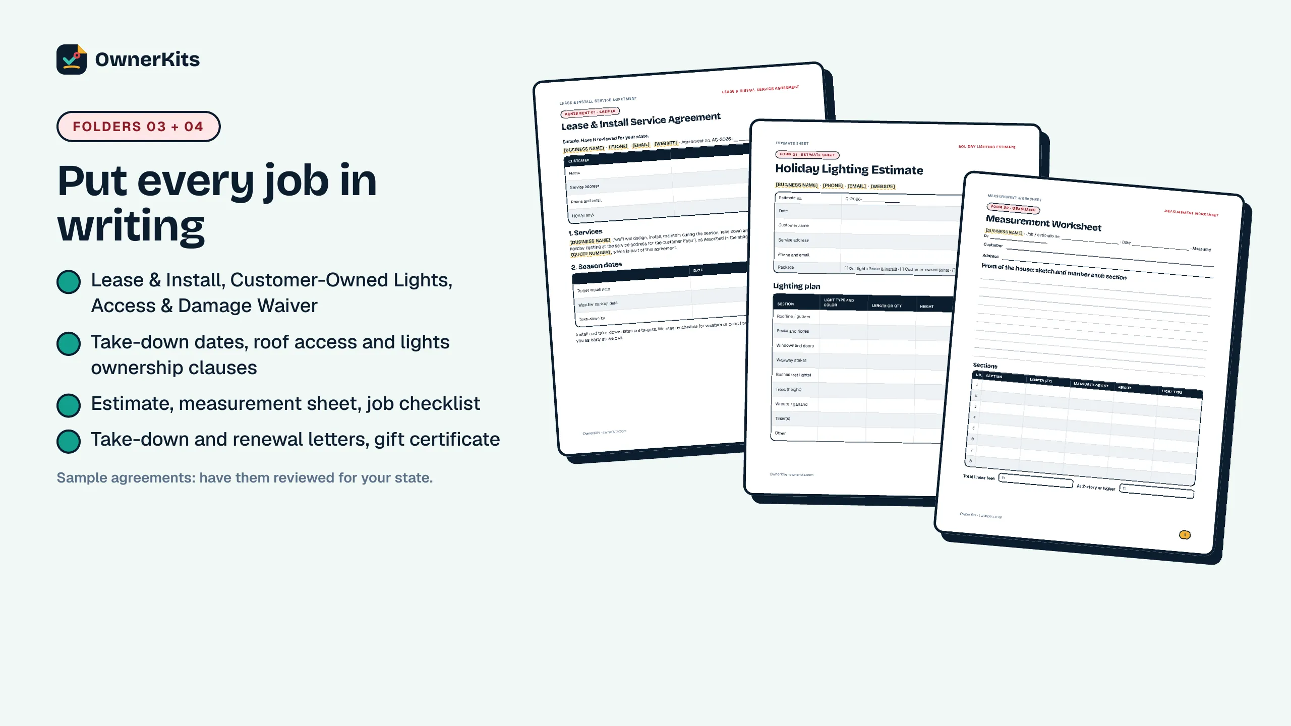 Lease and Install Service Agreement, Holiday Lighting Estimate and Measurement Worksheet pages