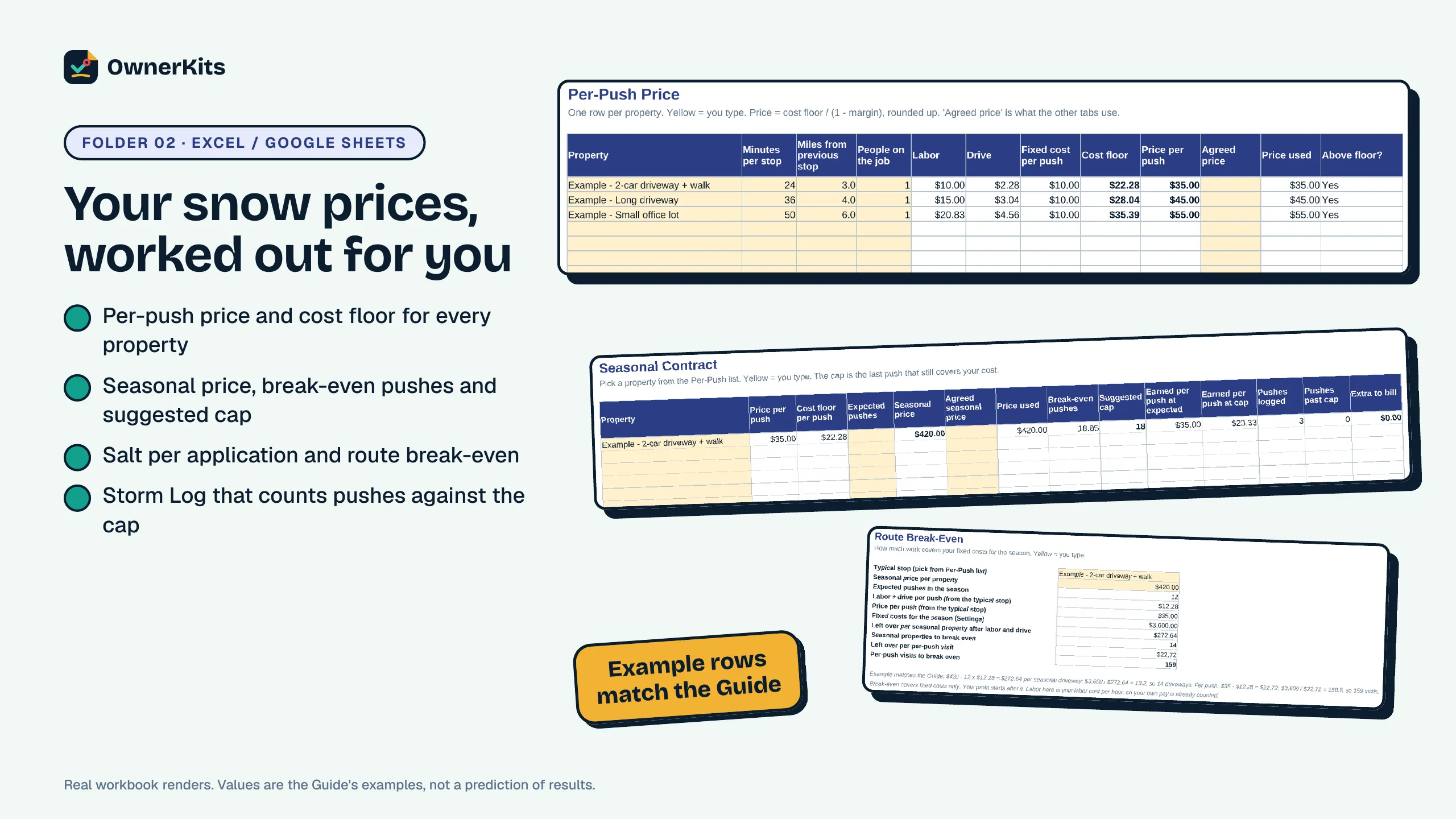 Pricing Calculator: per-push price, seasonal contract and route break-even tabs with example rows