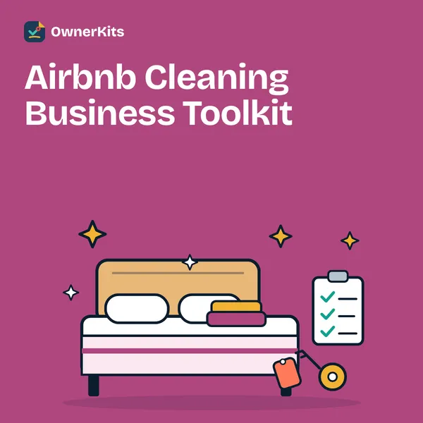 Airbnb Cleaning Business Toolkit title on berry with a made guest bed illustration