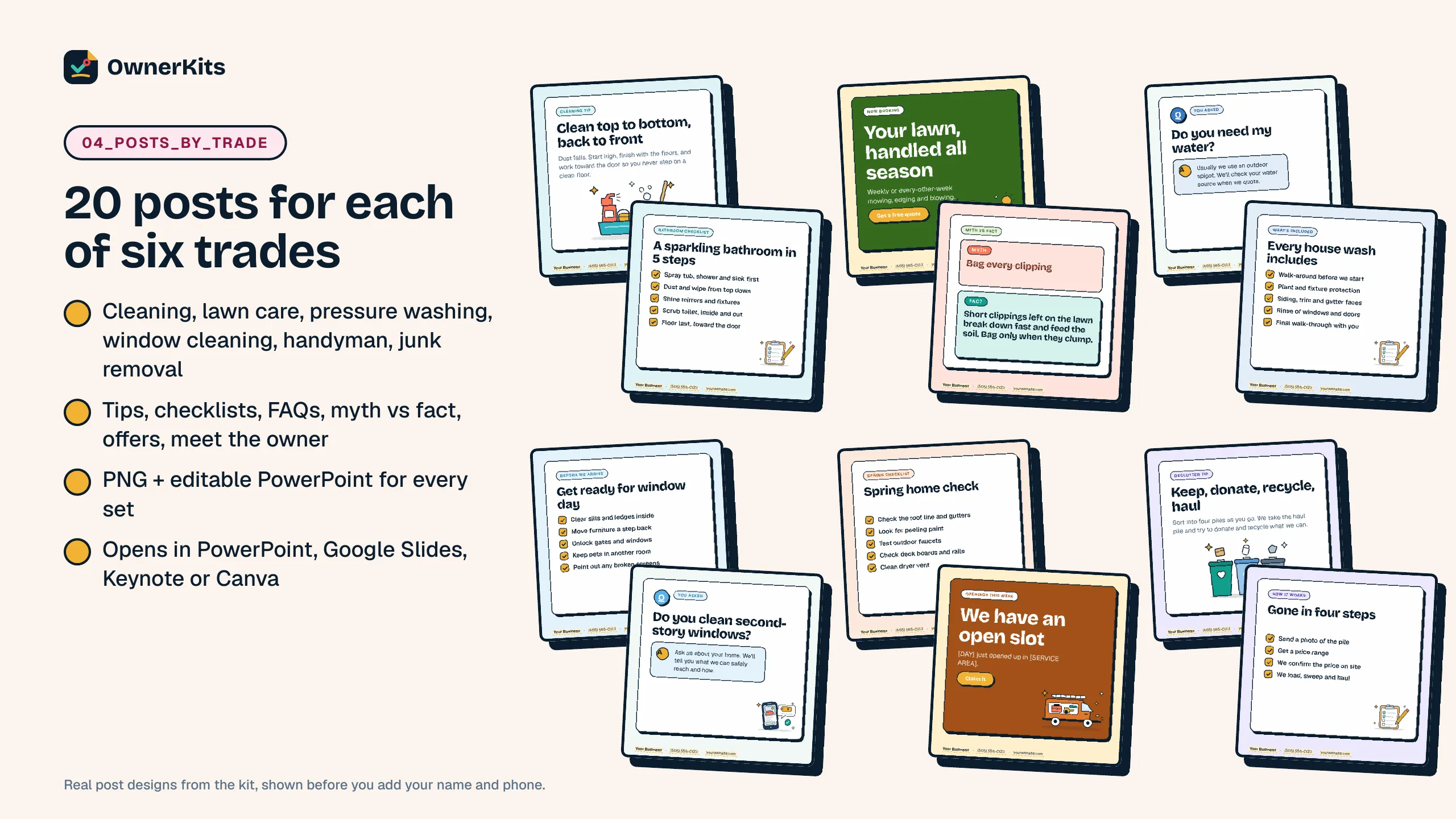 Twelve example posts from the kit, two for each of six home service trades