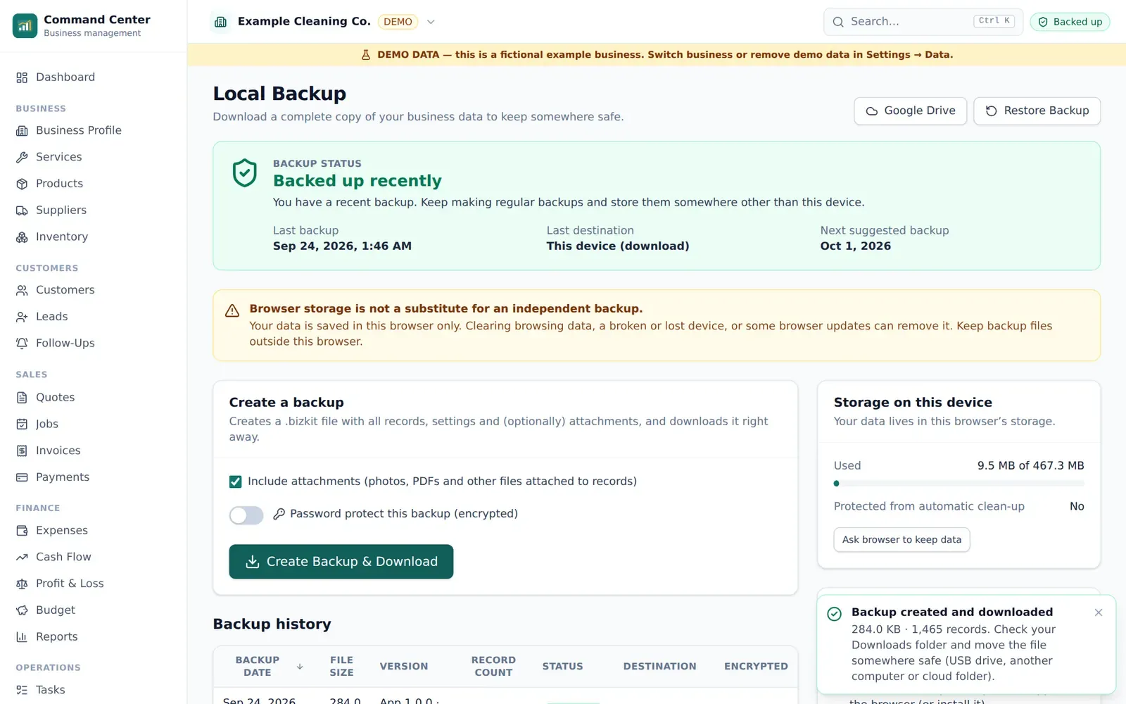 Backup page showing last backup and Backup Now