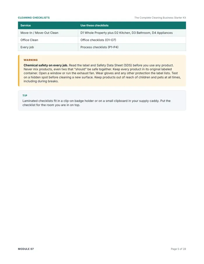 Cleaning checklist page