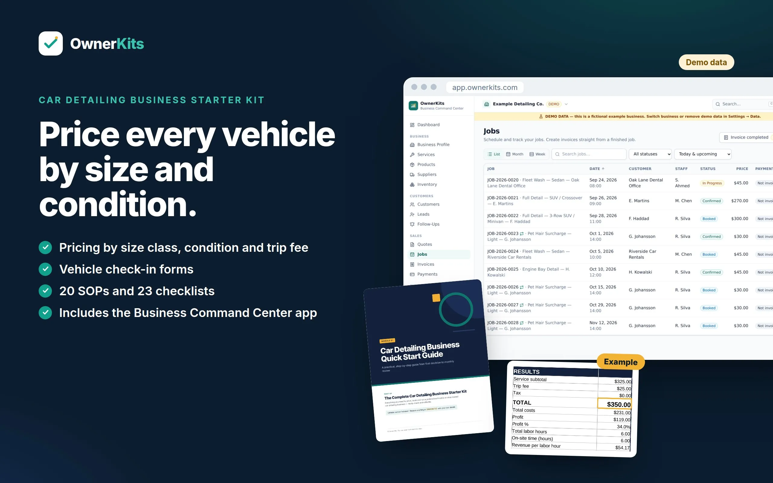 Cover of The Complete Car Detailing Business Starter Kit with a laptop showing the app dashboard and a printed check-in form