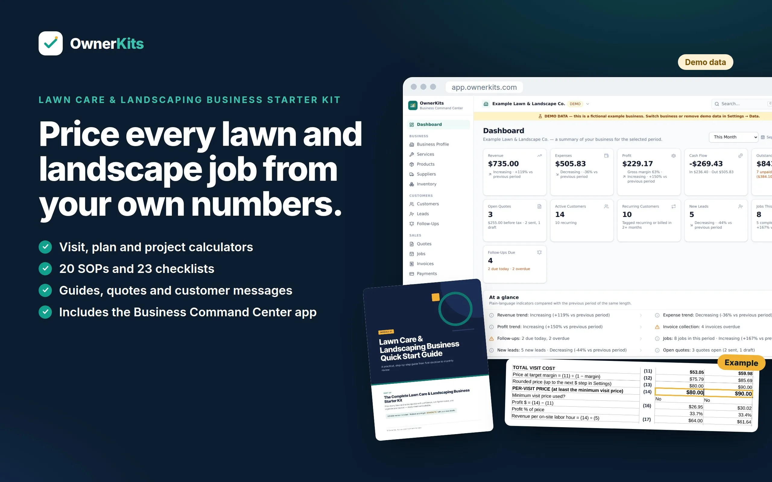 Kit cover showing the Quick Start Guide, the Pricing Calculator workbook and the Business Command Center dashboard