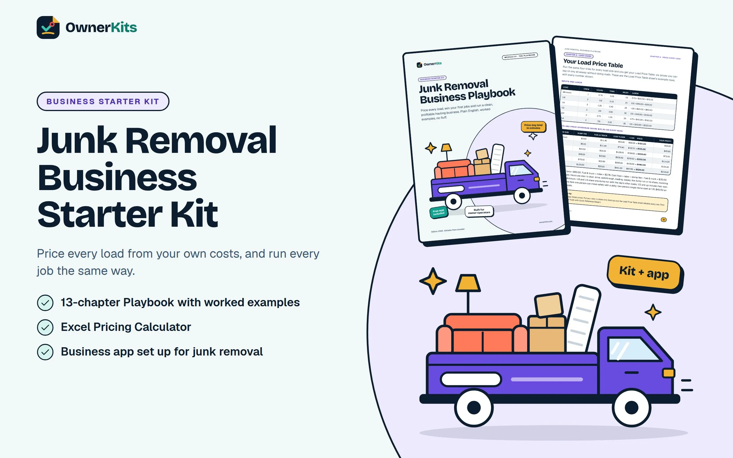 Junk Removal Business Starter Kit cover showing the Playbook, the Load Price Table page and a junk truck illustration