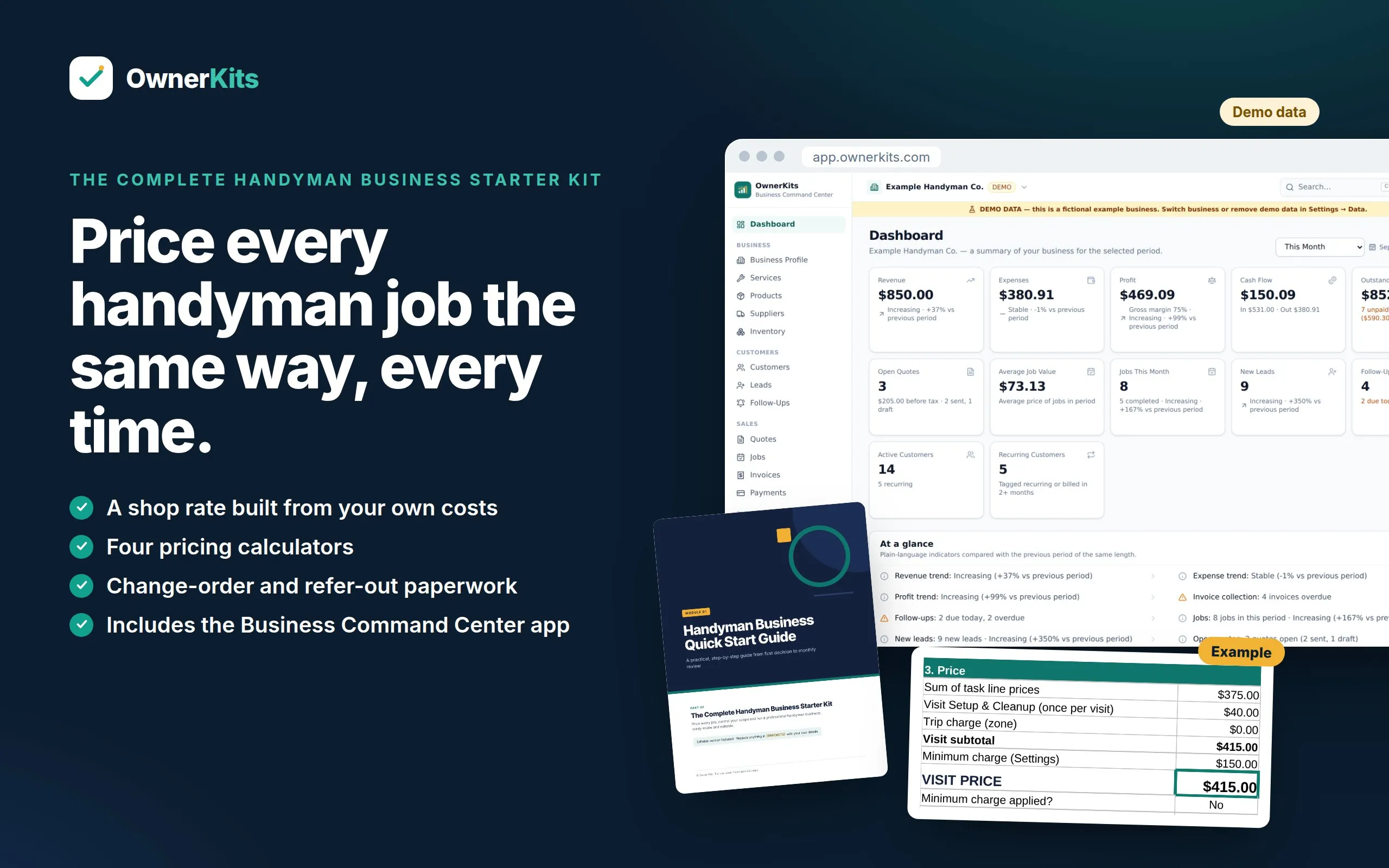 Handyman Business Starter Kit cover showing the kit's guides, Excel calculators and the Business Command Center app