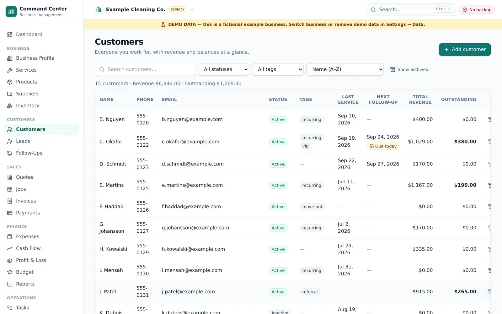 Customer list in the Business Command Center