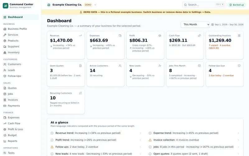 Business Command Center dashboard with demo data