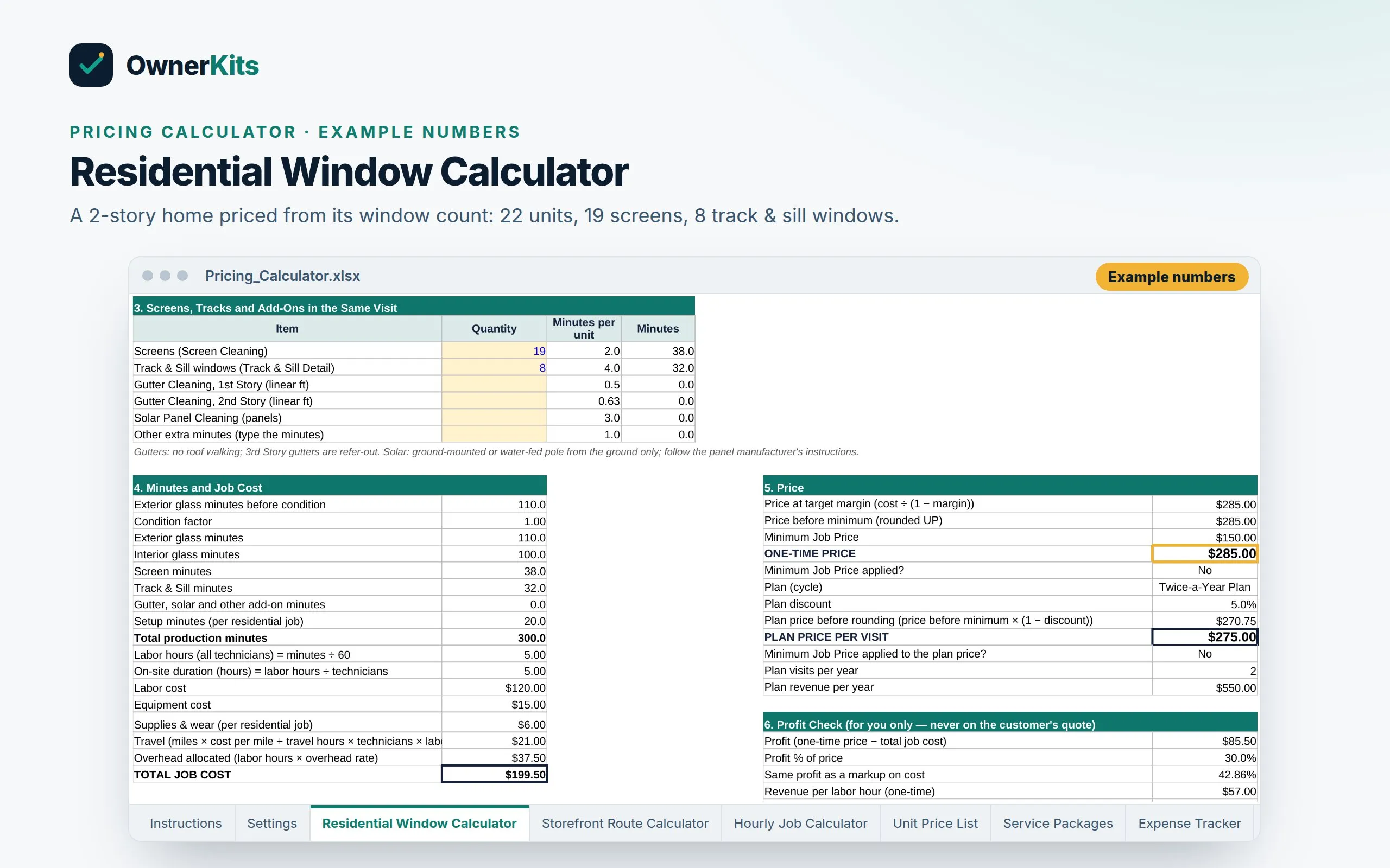 Residential Window Calculator in Excel with the example 2-story home priced from a window count