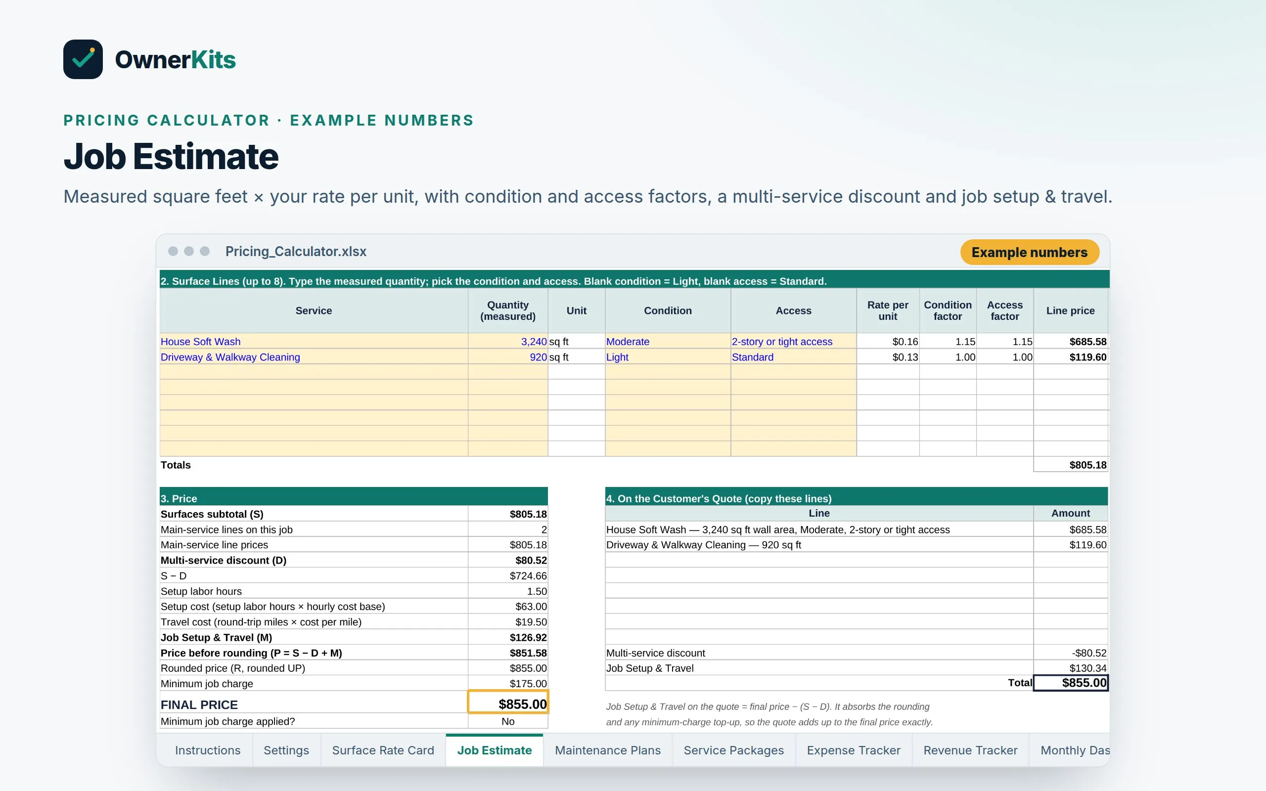 Job Estimate sheet pricing a house soft wash and driveway from measured square feet, with demo data