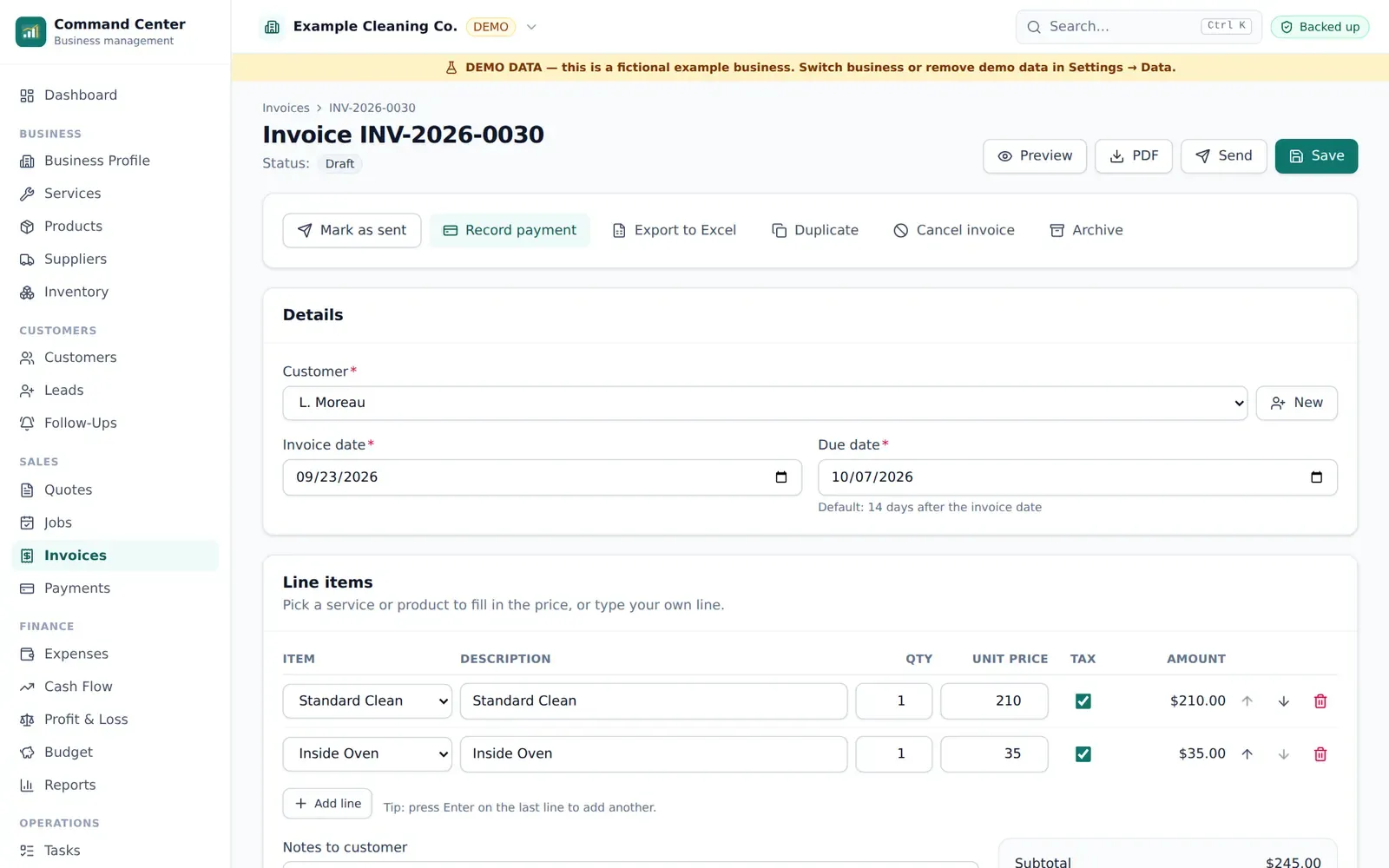 Invoice with line items, tax and payment status