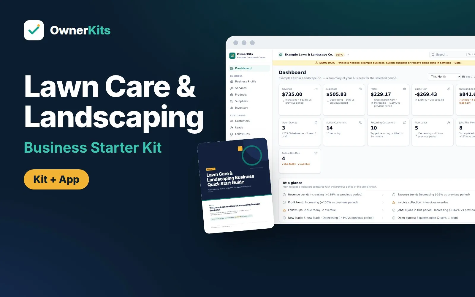 Lawn Care & Landscaping Business Starter Kit: kit folders, pricing calculator and app dashboard with demo data