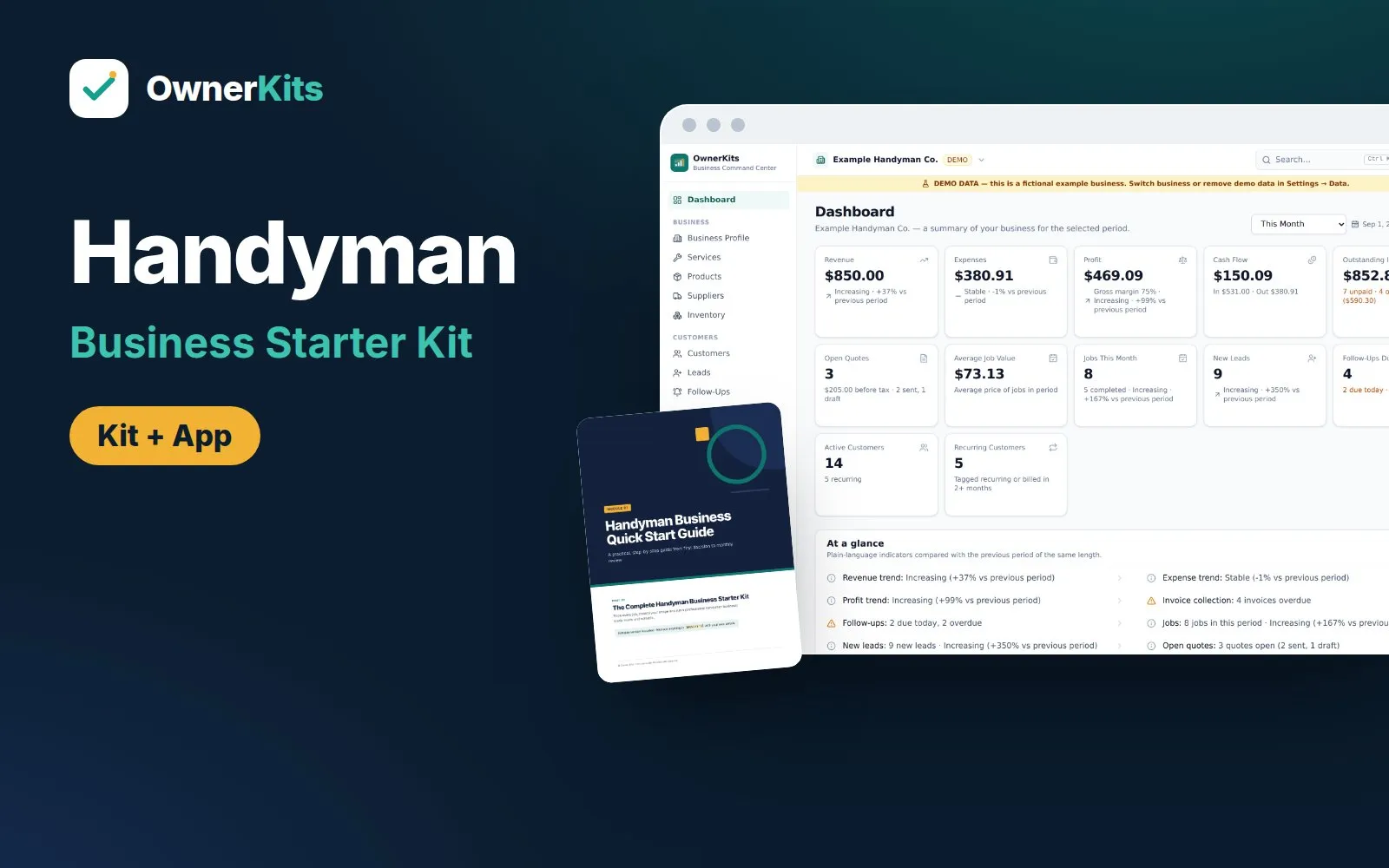 The Complete Handyman Business Starter Kit: product cover with the kit folders, a pricing calculator and the app dashboard