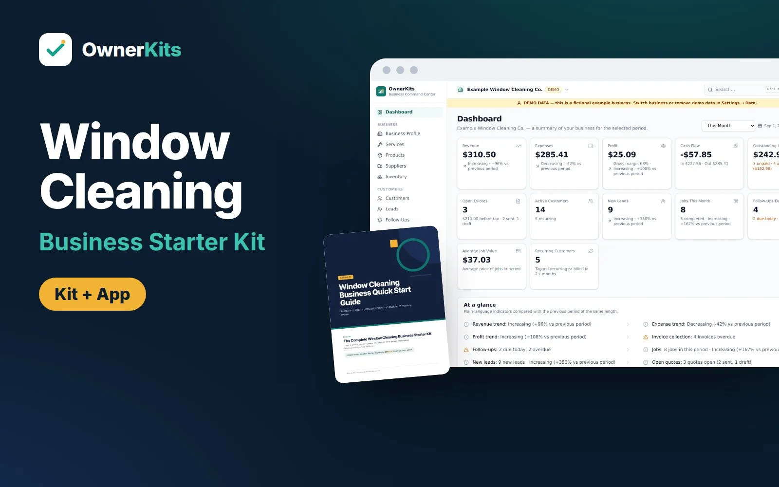 Window Cleaning Business Starter Kit: kit folder, pricing calculator and app dashboard with demo data